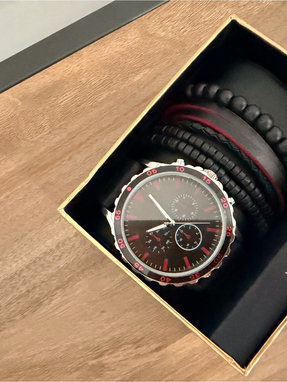 Men's Black and Red Chronograph Watch with Bracelet Set